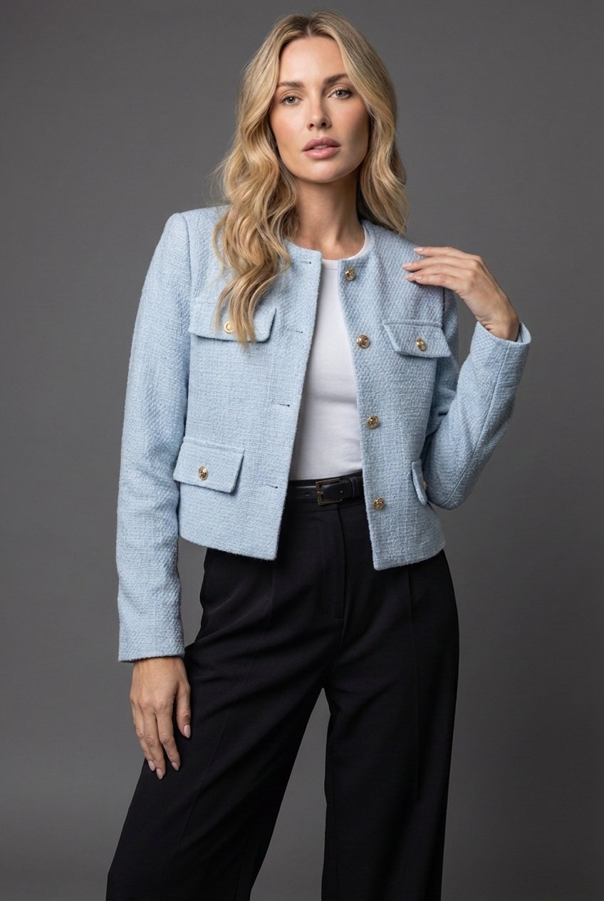 Vivianne | Dam Tweed Kort Kavaj Rund Hals Guldknappar