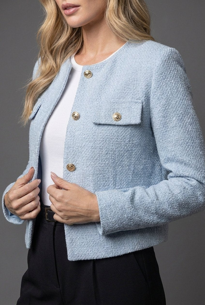 Vivianne | Dam Tweed Kort Kavaj Rund Hals Guldknappar
